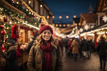 Fototapeta premium Portrait of a young woman at the Christmas market with lights and decorations that give it a magic. The atmosphere is cheerful and welcoming, inviting you to enjoy tradition and the Christmas spirit.