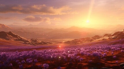 A mesmerizing sunlit saffron landscape, featuring rolling hills covered in vivid saffron flowers.
