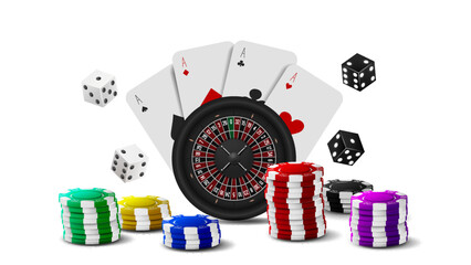 Poster with chips, dice, roulette and poker cards on a white background. A concept for a casino.