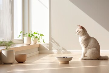 white cat sits on a wooden floor with a sunbeam on the wall