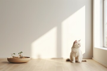 white cat sits on a wooden floor with a sunbeam on the wall
