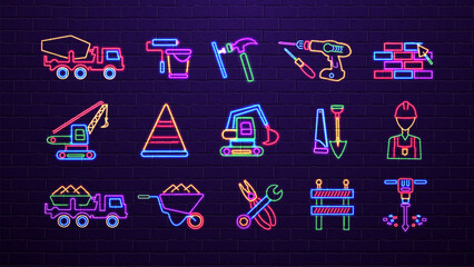 A set of neon icons on a construction theme with tools, equipment and people in the colors blue, yellow, orange, green, red on a brick wall background.