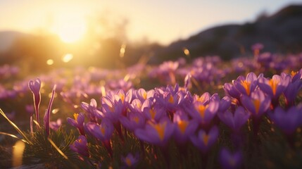 A serene field of sunlit saffron flowers basking in the golden glow of the evening sun.
