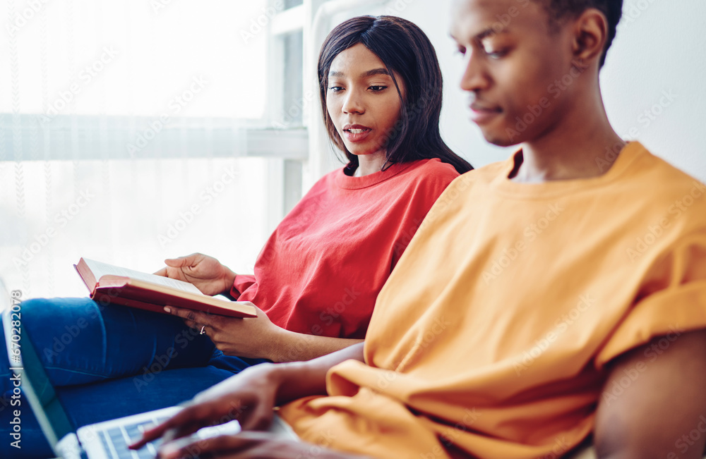 Poster dark skinned couple shopping in web store via netbook