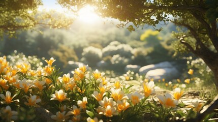 Imagine A tranquil sunlit saffron garden with vibrant orange blossoms swaying gently in the breeze.