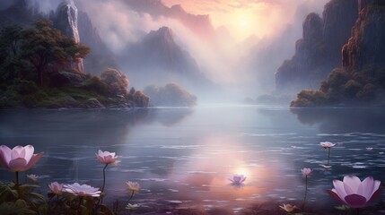 Paint a scene of Mystic Moonflowers rising above a misty lake, their presence ethereal and...