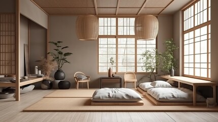 Home mockup living room in Japandi style, 3d render. Decor concept. Real estate concept. Art concept.