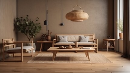 Home mockup living room in Japandi style, 3d render. Decor concept. Real estate concept. Art concept.