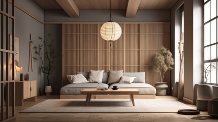 Home mockup living room in Japandi style, 3d render. Decor concept. Real estate concept. Art concept.