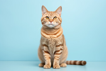 Obraz premium The portrait of a lovely orange gray kitten cat isolated on the blue background shot in the studio, Generative AI.