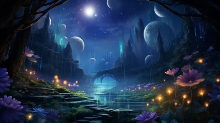 Poster Picture a mystical garden, with luminous Mystic Moonflowers blooming under a starry sky in © Anmol
