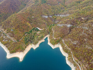 Aerial view of Vacha Reservoir, Rhodope Mountains, Bulgaria