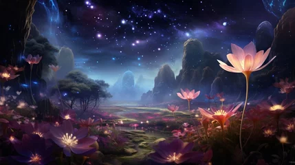 Schilderijen op glas Picture a mystical garden, with luminous Mystic Moonflowers blooming under a starry sky in © Anmol