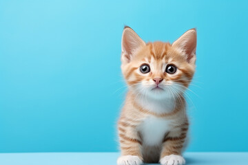 The portrait of a lovely orange  gray  kitten  cat isolated on the blue background shot in the studio, Generative AI.