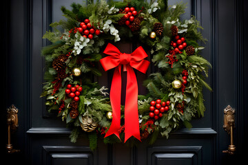 Fototapeta na wymiar Christmas wreath on the front door, adorned with vibrant ornaments, welcoming the holiday spirit.