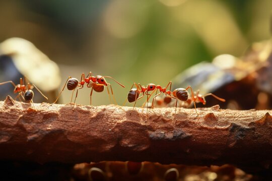 Ants collaborating on a bridge while carrying food. Team unity and teamwork, red weaver ants (oecophylla smaragdina) working together. Generative AI