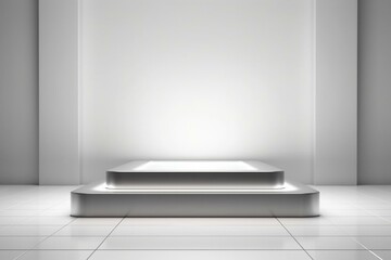 Silver pedestal for platform display with neon modern stand podium in white room. Blank exhibition stage backdrop or empty product shelf. 3D rendering. Generative AI