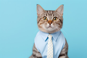 The portrait of a lovely orange  gray cat wearing a neatly suit and necktie isolated on the blue background shot in the studio, Generative AI.