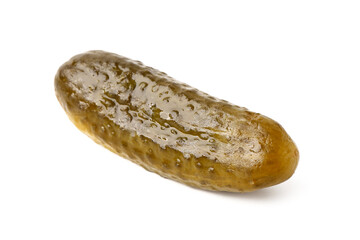 Delicious fermented cucumber on white background