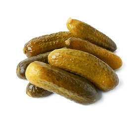 Heap of delicious fermented cucumbers on white background