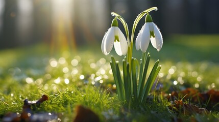 A close-up of a sunlit snowdrop glistening with morning dew in a garden.