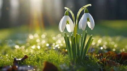  A close-up of a sunlit snowdrop glistening with morning dew in a garden. © Anmol