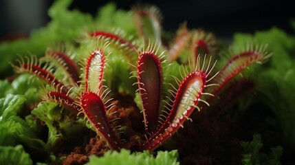 A close-up of a Venus Flytrap's open trap, showing its vibrant green color and fine details in
