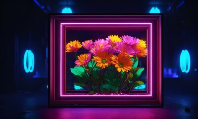 額縁、花、ネオン照明、背景素材｜Picture frame. flower. Neon lighting. background material. Generative AI - obrazy, fototapety, plakaty