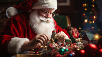 Close up of white santa working in his shop on toys 