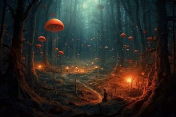 A bright forest with a mysterious object amidst the trees. Generative AI