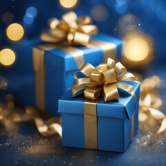 Regalos de Navidad y Año Nuevo y del Día del Padre Azules con Moño Dorado Fondo Difuminado y confeti