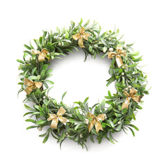 Christmas mistletoe wreath with bows on white background