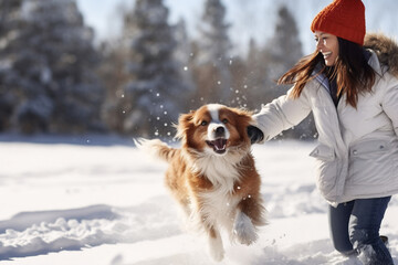 A young latin woman is playing happily with the dog in the snow with a winter coat and winter hat in a in snow covered country landscape during day in winter on a bright sunny day