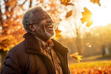 A senior african american man is playing with fallen leaves happily with an autumn coat in a country landscape during sunset in autumn with no leaves on the trees