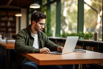 A young male latin student is studying while wearing glasses with computer or laptop in a quiet and empty school library on a table with a bookcase in the background