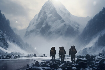 A distant photo of a group of tourist mountaineers and their guide are standing on a rock in front of a mountain lake with thick coats on a in snow covered mountain hill with trails of footsteps in a  - Powered by Adobe