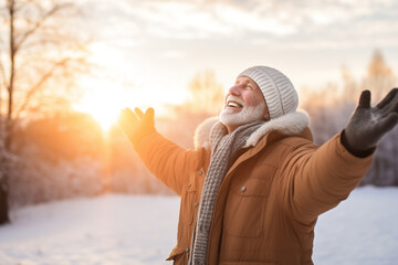 A senior caucasian male is playing happily with the snow with in a winter coat with a winter hat in...