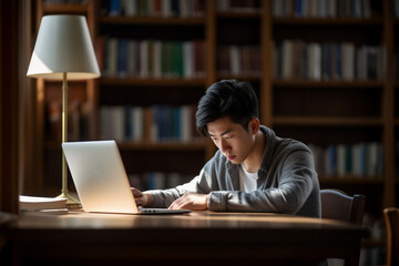 A senior male asian student is studying concentrated with computer or laptop in a quiet and empty...
