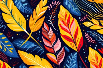 Modern exotic foliage botanical tropical leaves and floral pattern. Abstract jungle nature on dark background. Contemporary cartoon style. Design for print, poster, banner, wallpaper, textile - obrazy, fototapety, plakaty