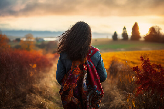 A young african american woman is walking happily with an autumn coat in a country landscape during sunset in autumn in a vibrant coloration