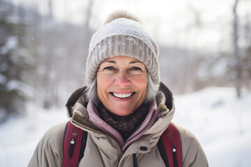 Fototapeta na wymiar A senior caucasian woman is posing in front of the camera happily with a winter coat and a winter hat in a in snow covered forest during day in winter while snowing