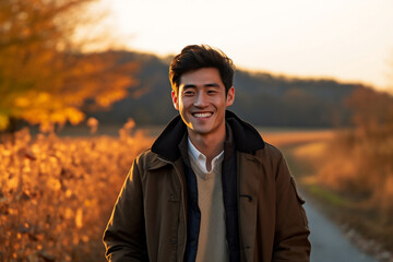 A young asian man is walking happily with an autumn coat in a country landscape during sunset in autumn with no leaves on the trees