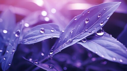 A close-up of water droplets on the leaves of luminous lavender plants, refracting the surrounding...