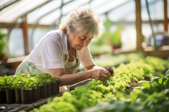 Senior woman doing gardening, working in a green house
