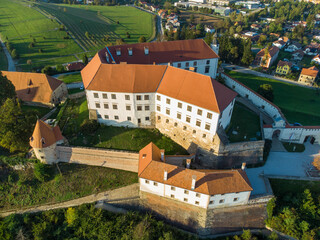 Ptuj in Slovenia, panoramic view with river Drava in foreground.