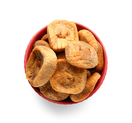 Red bowl with sweet dried figs on white background