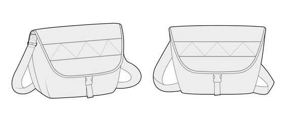Courier Carryall Messenger Bag silhouette. Fashion accessory technical illustration. Vector satchel front 3-4 view for Men, women, unisex style, flat handbag CAD mockup sketch outline isolated