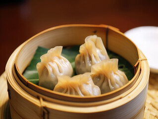 Chinese steamed dumplings in a bamboo steamer. Traditional asian food appetizer closeup