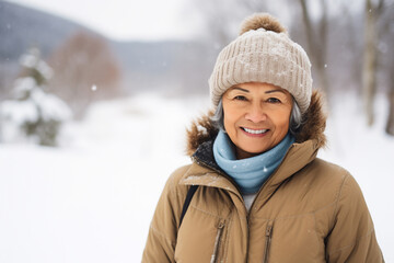 Fototapeta na wymiar A senior latin woman is posing in front of the camera happily with a winter coat and a winter hat in a in snow covered country landscape during day in winter while snowing