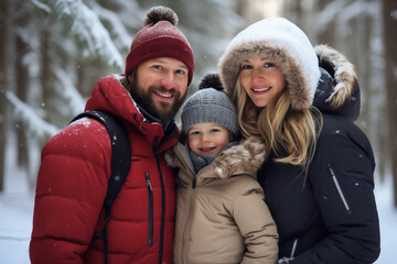 Fototapeta na wymiar A happy caucasian family is posing playfully in front of the camera with winter coats and wearing winter hats in a in snow covered forest during a bright day in winter on a sunny day